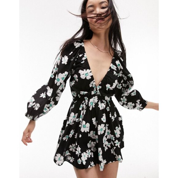 TopShop Elasticated Channel Long Sleeve Romper In Multi Floral, XL - Picture 1 of 13